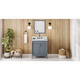 Jeffrey Alexander - 30'' Blue Steel Theodora Vanity, White Carrara Marble Vanity Top, Undermount Rectangle Bowl - Blue Steel