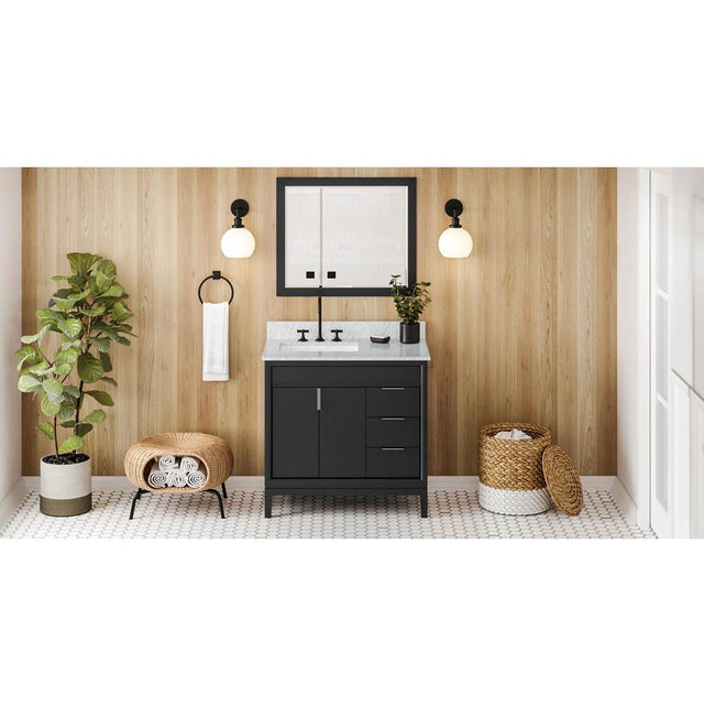 Jeffrey Alexander - 36'' Black Theodora Vanity, Left Offset, White Carrara Marble Vanity Top, Undermount Rectangle Bowl - Black