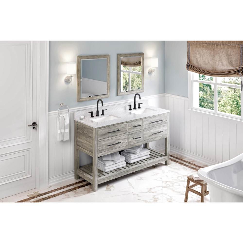 Jeffrey Alexander - 60'' Weathered Grey Wavecrest Vanity, Double Bowl, White Carrara Marble Vanity Top, Two Undermount Rectangle Bowls - Weathered Grey