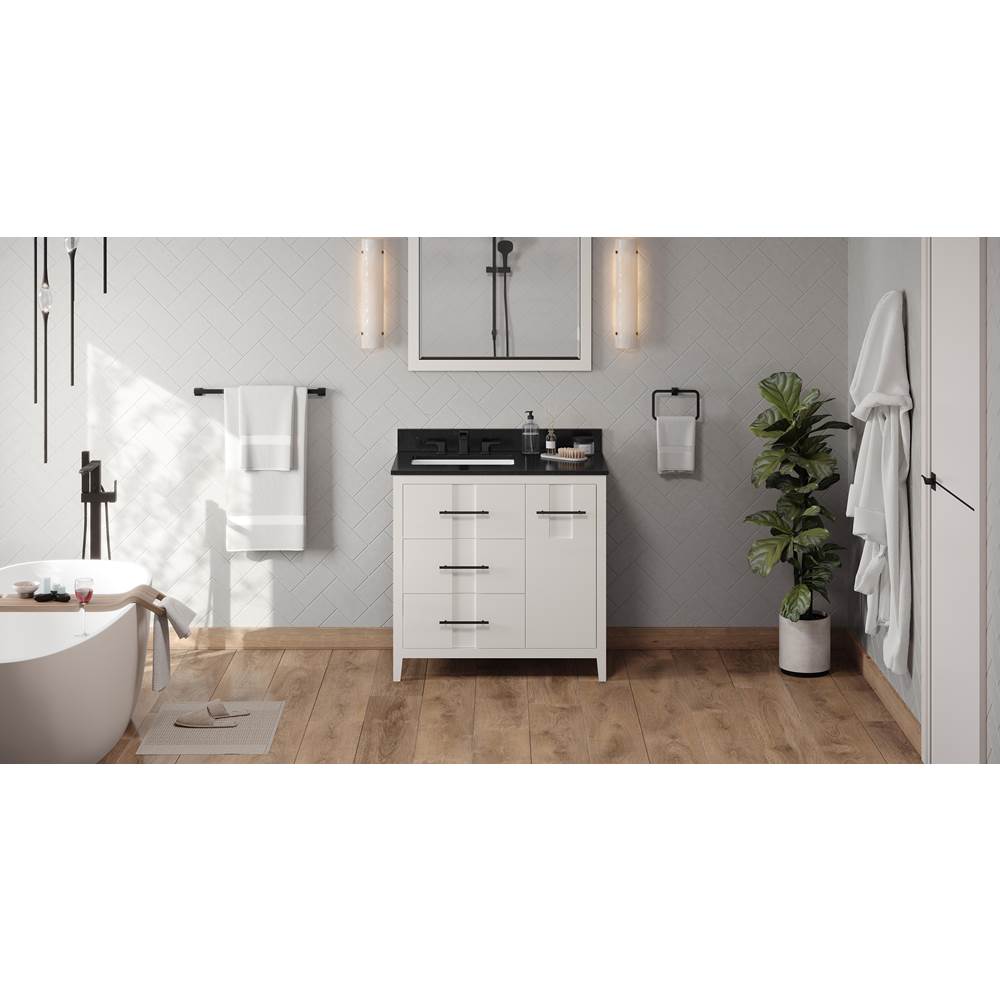 Jeffrey Alexander - 36'' White Katara Vanity, Left Offset, Black Granite Vanity Top, Undermount Rectangle Bowl - White