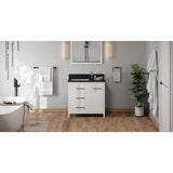Jeffrey Alexander - 36'' White Katara Vanity, Left Offset, Black Granite Vanity Top, Undermount Rectangle Bowl - White