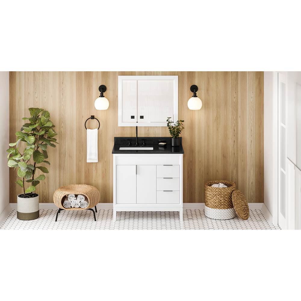 Jeffrey Alexander - 36'' White Theodora Vanity, Left Offset, Black Granite Vanity Top, Undermount Rectangle Bowl - White