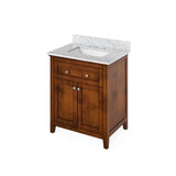Jeffrey Alexander - 30'' Chocolate Chatham Vanity, White Carrara Marble Vanity Top, undermount rectangle bowl - Chocolate