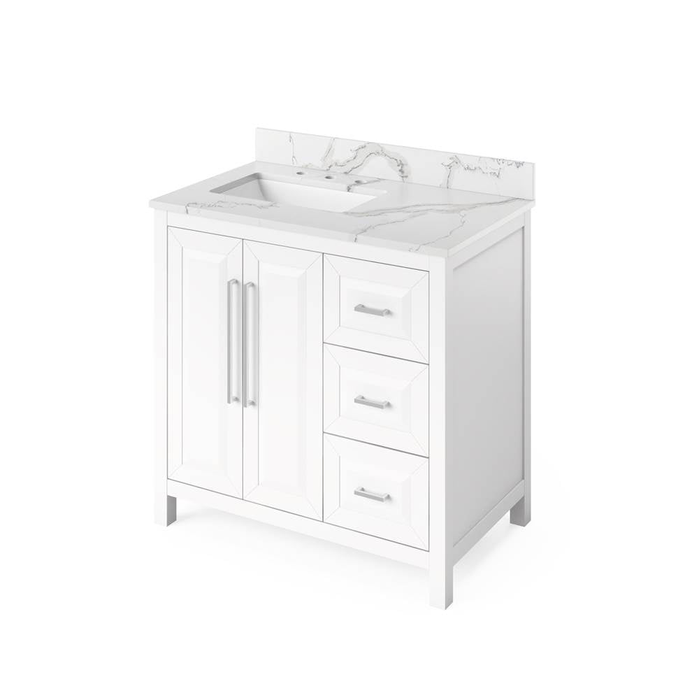 Jeffrey Alexander - 36'' White Cade Vanity, left offset, Calacatta Vienna Quartz Vanity Top, undermount rectangle bowl - White