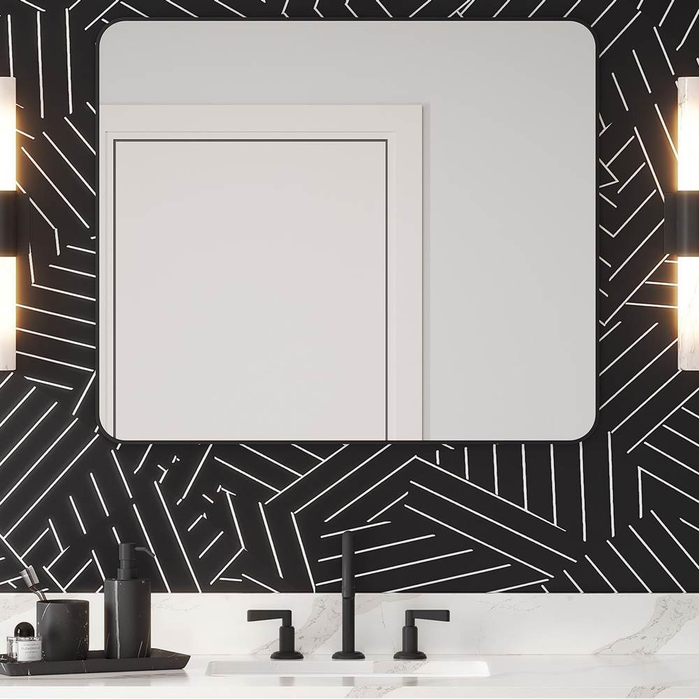 Jeffrey Alexander - 33'' W x 1'' D x 28'' H Satin Nickel Rounded Rectangle Metal Frame Mirror - Satin Nickel