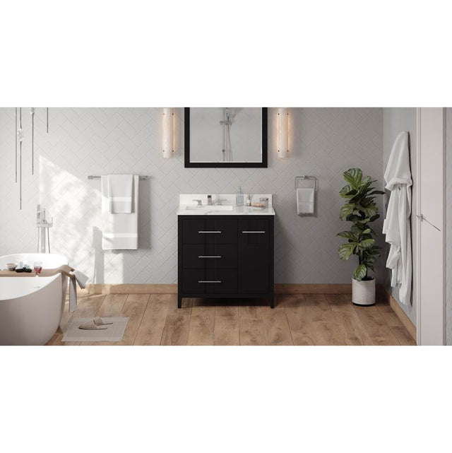 Jeffrey Alexander - 36'' Black Katara Vanity, Left Offset, Calacatta Vienna Quartz Vanity Top, Undermount Rectangle Bowl - Black