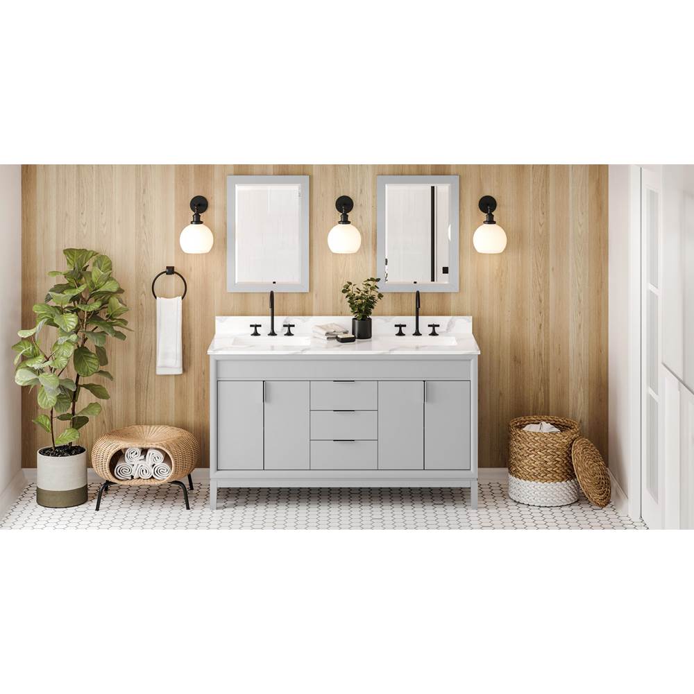 Jeffrey Alexander - 60'' Grey Theodora Vanity, Double Bowl, Calacatta Vienna Quartz Vanity Top, Two Undermount Rectangle Bowls - Grey