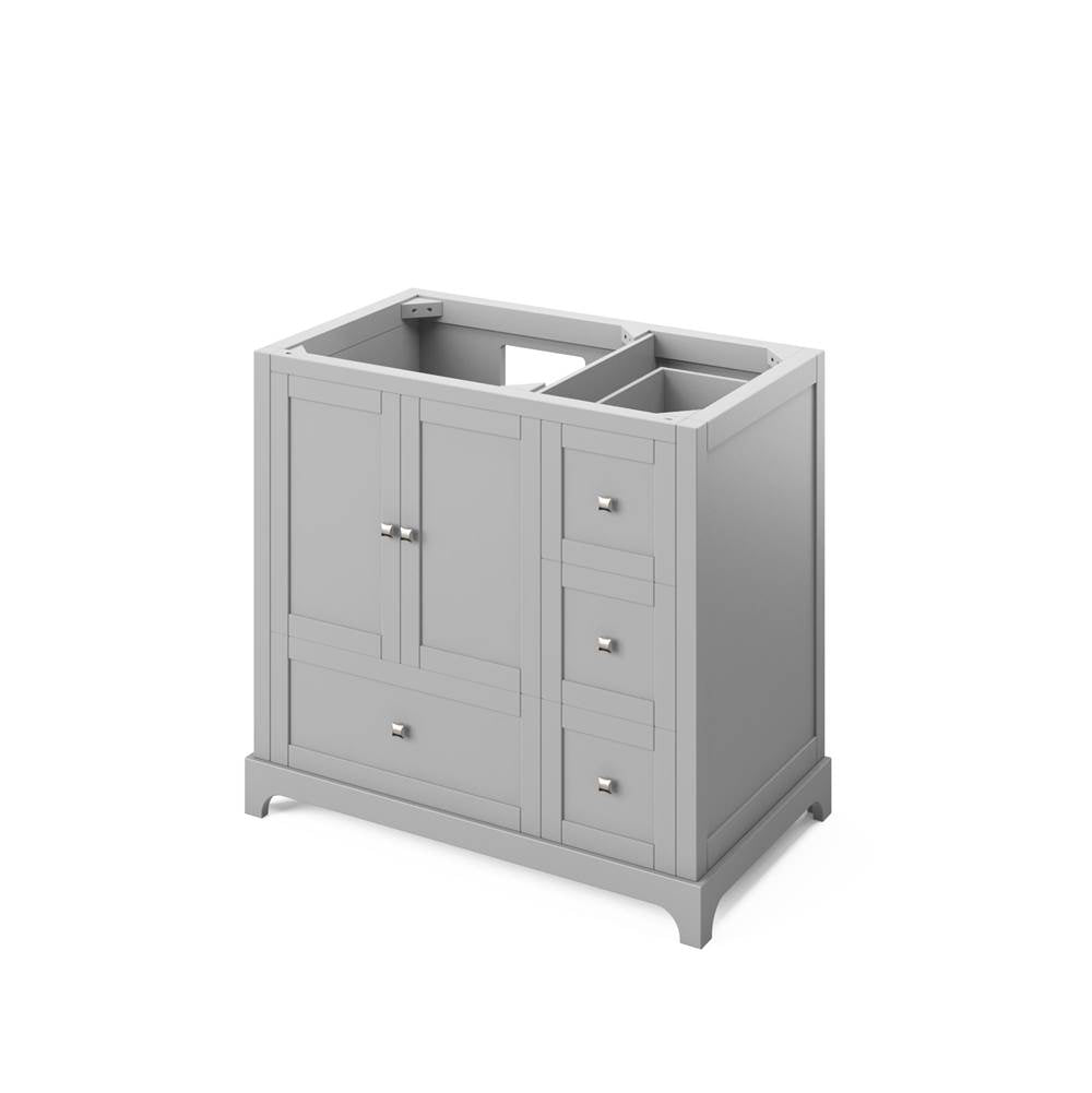 36'' Grey Addington Vanity, left offset, White Carrara Marble Vanity Top, undermount rectangle bowl