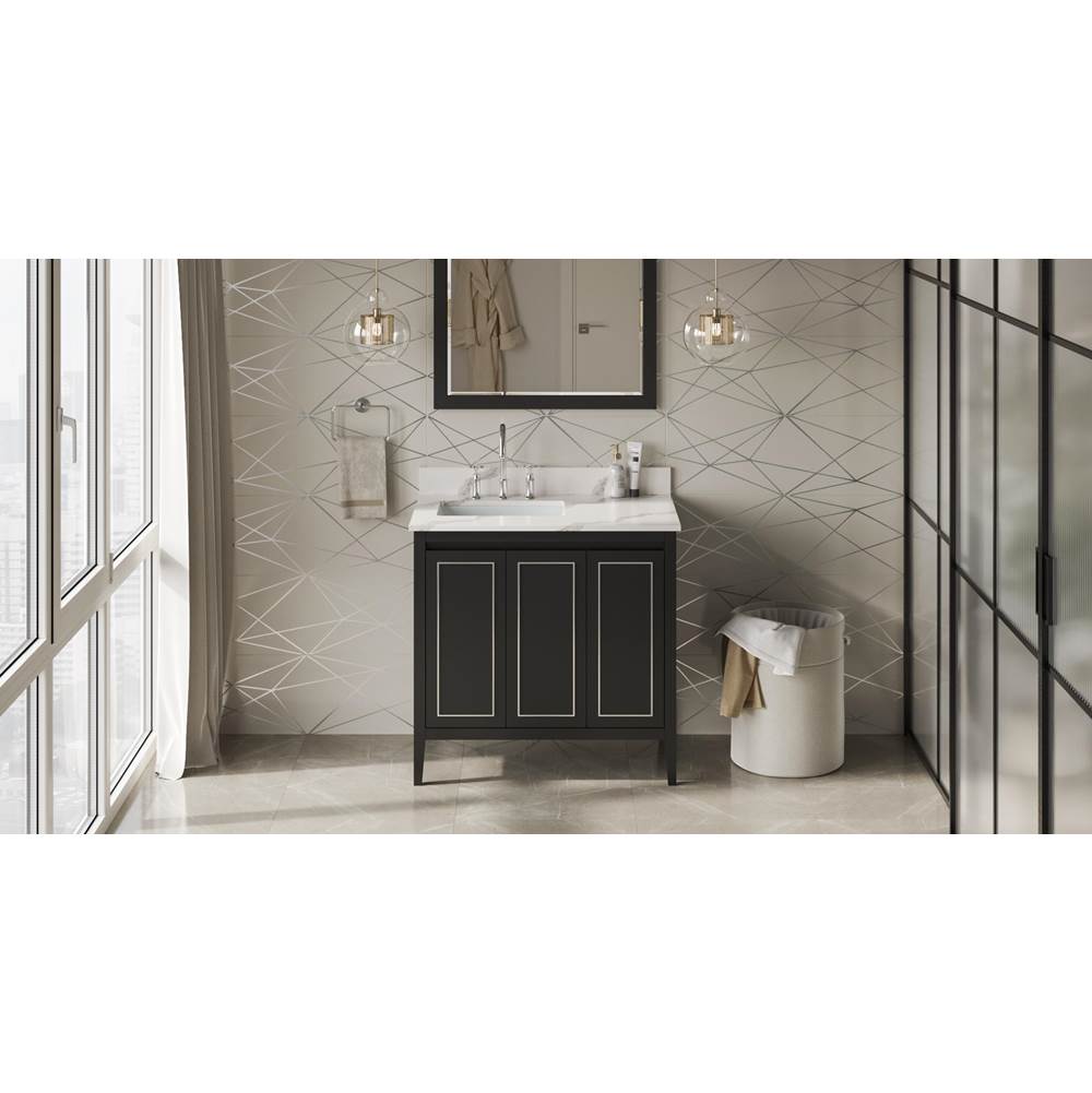 Jeffrey Alexander - 36'' Black Percival Vanity, Left Offset, Calacatta Vienna Quartz Vanity Top, Undermount Rectangle Bowl - Black