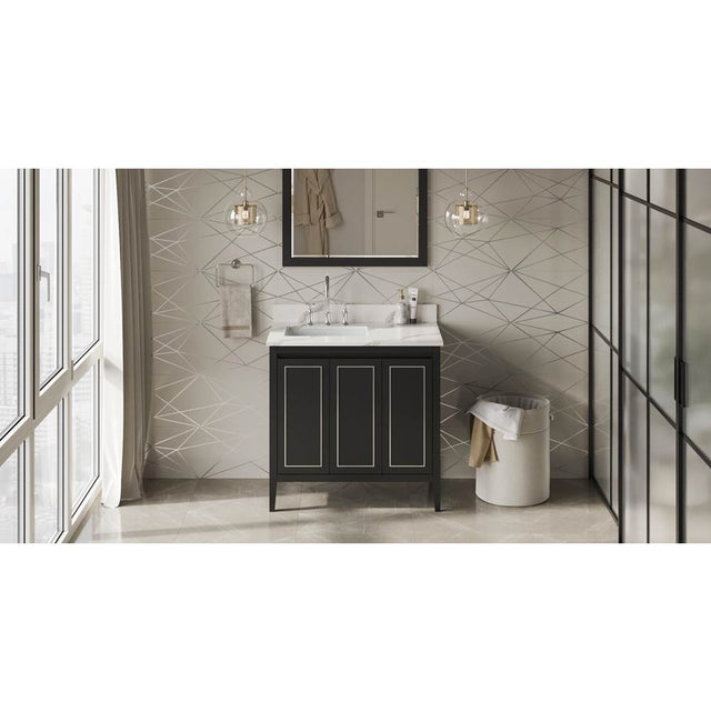 Jeffrey Alexander - 36'' Black Percival Vanity, Left Offset, Calacatta Vienna Quartz Vanity Top, Undermount Rectangle Bowl - Black