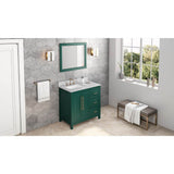 Jeffrey Alexander - 36'' Forest Green Cade Vanity, left offset, White Carrara Marble Vanity Top, undermount rectangle bowl - Green