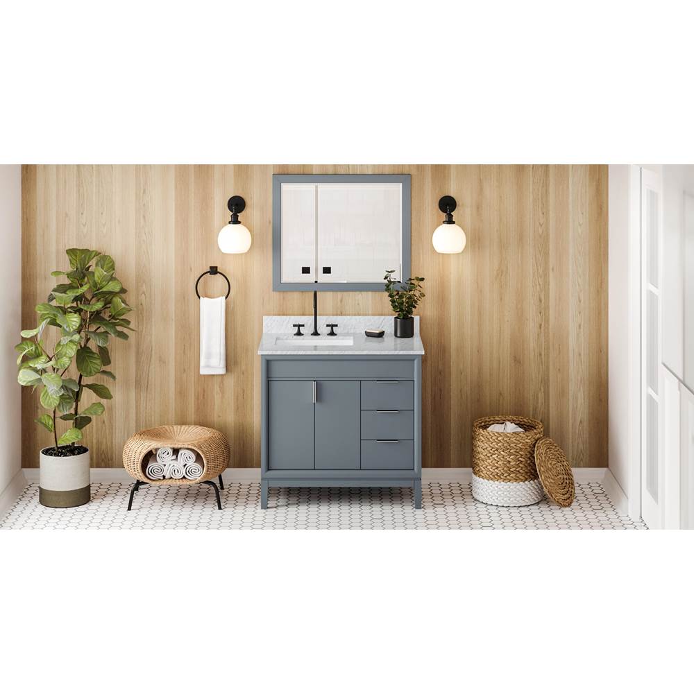 Jeffrey Alexander - 36'' Blue Steel Theodora Vanity, Left Offset, White Carrara Marble Vanity Top, Undermount Rectangle Bowl - Blue Steel