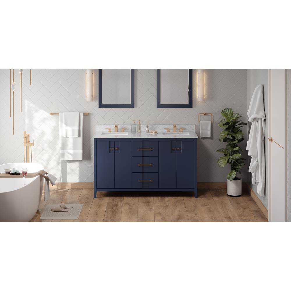 Jeffrey Alexander - 60'' Hale Blue Katara Vanity, Double Bowl, White Carrara Marble Vanity Top, Two Undermount Rectangle Bowls - Hale Blue