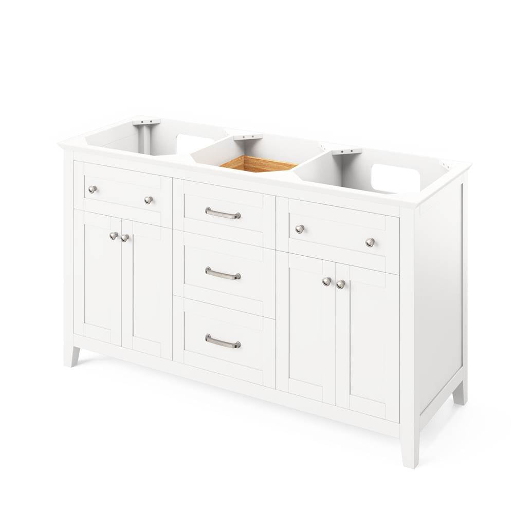 60'' Chocolate Chatham Vanity, double bowl, White Carrara Marble Vanity Top, two undermount rectangle bowls
