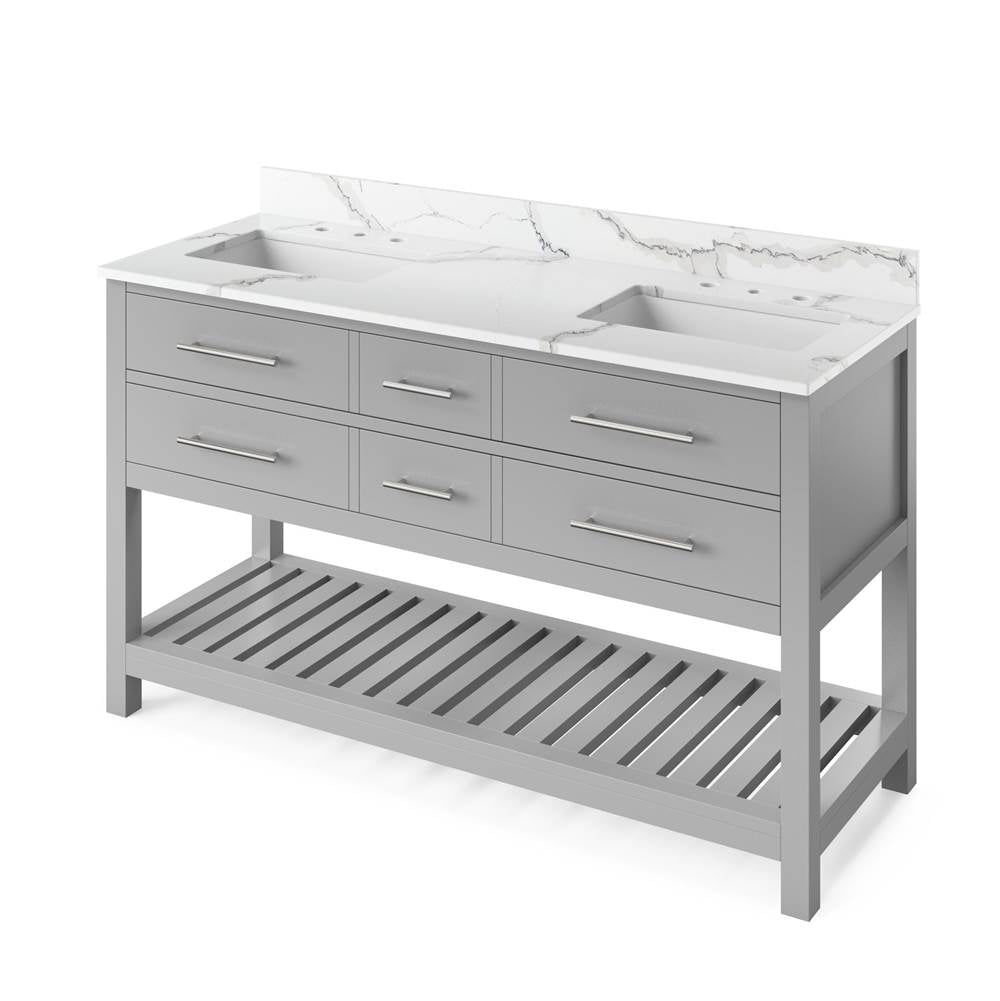 Jeffrey Alexander - 60'' Grey Wavecrest Vanity, double bowl, Calacatta Vienna Quartz Vanity Top, two undermount rectangle bowls - Grey