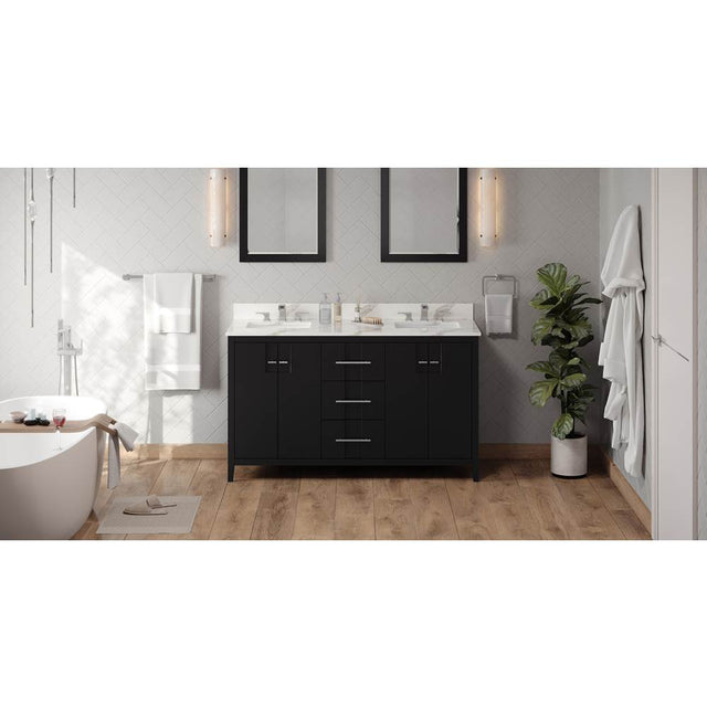 Jeffrey Alexander - 60'' Black Katara Vanity, Double Bowl, Calacatta Vienna Quartz Vanity Top, Two Undermount Rectangle Bowls - Black