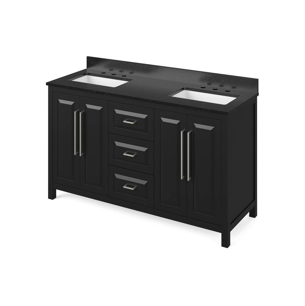 Jeffrey Alexander - 60'' Black Cade Vanity, double bowl, Black Granite Vanity Top, two undermount rectangle bowls - Black