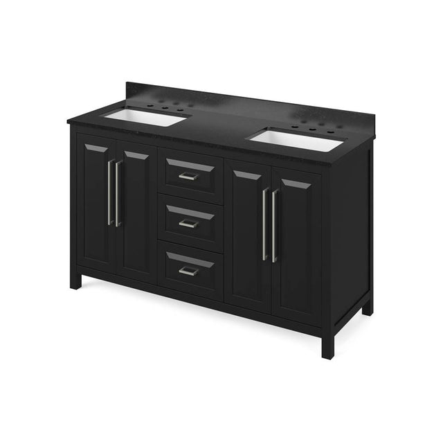 Jeffrey Alexander - 60'' Black Cade Vanity, double bowl, Black Granite Vanity Top, two undermount rectangle bowls - Black