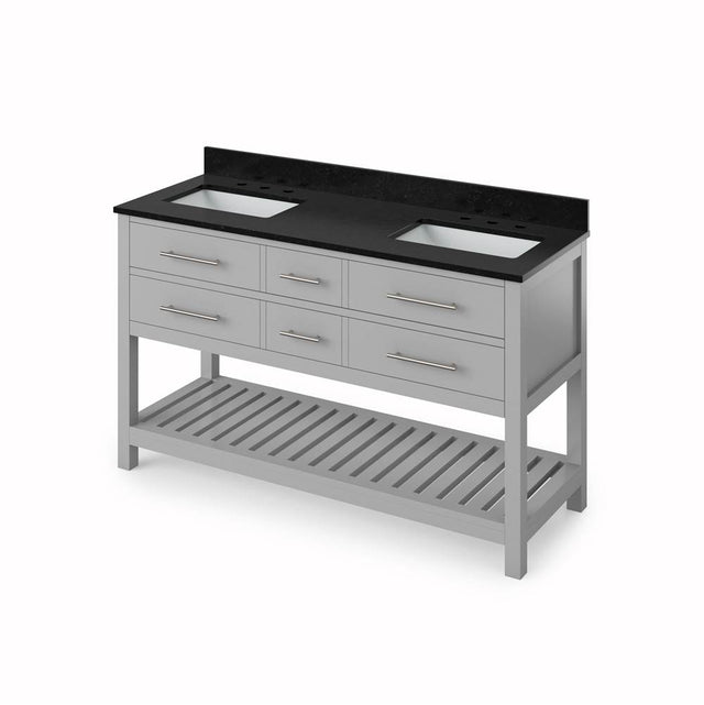 Jeffrey Alexander - 60'' Grey Wavecrest Vanity, double bowl, Black Granite Vanity Top, two undermount rectangle bowls - Grey