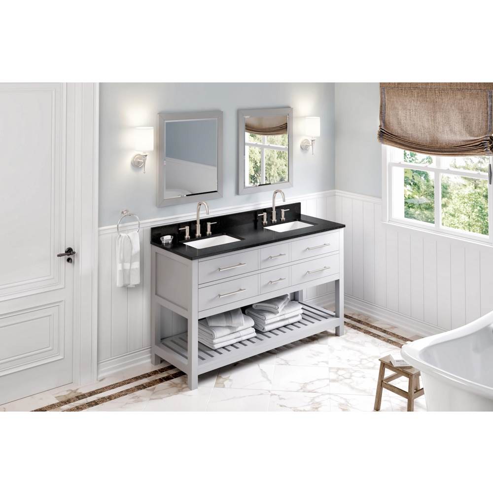 60'' Grey Wavecrest Vanity, double bowl, Black Granite Vanity Top, two undermount rectangle bowls