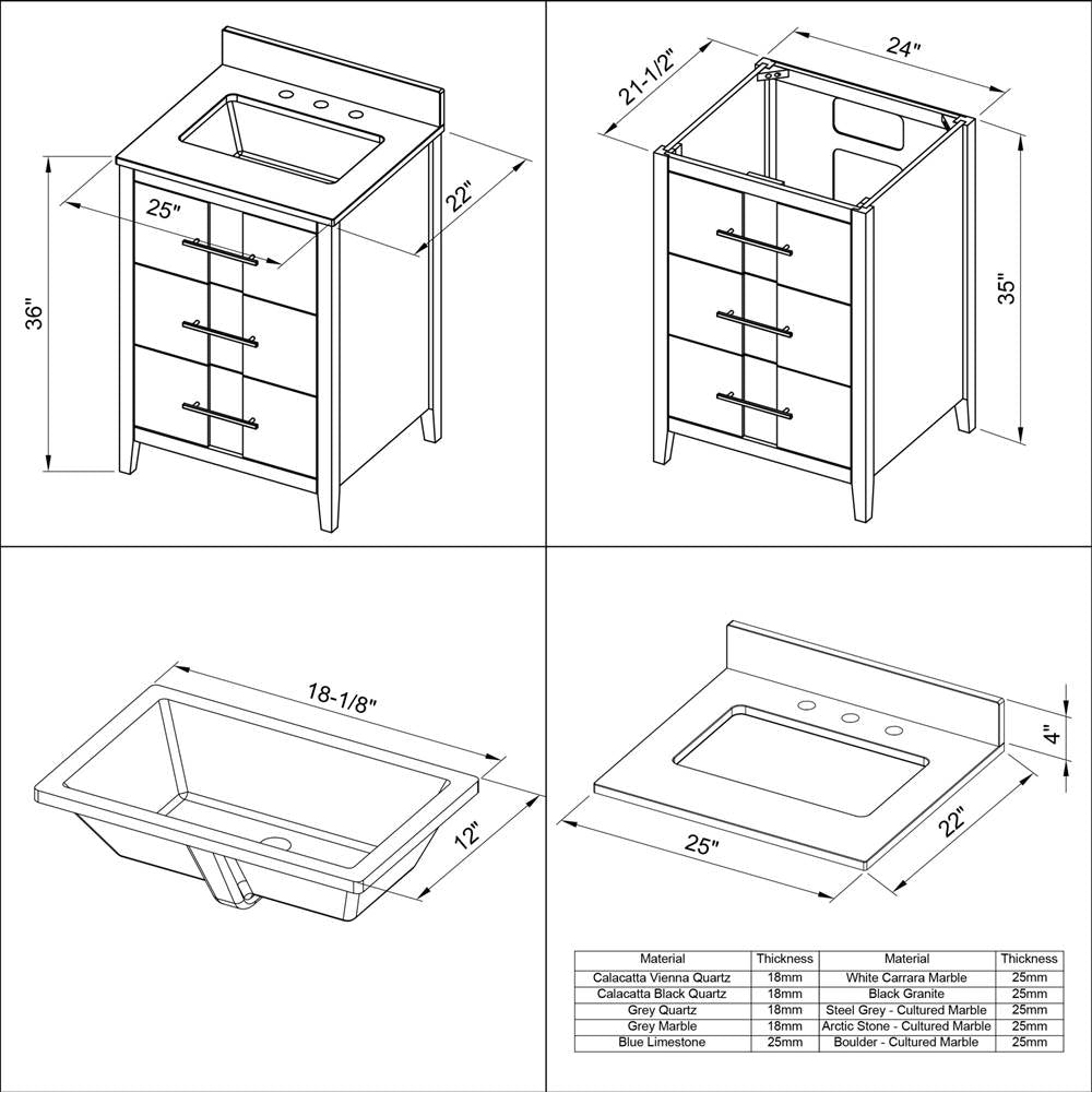 24'' Black Katara Vanity, White Quartz Vanity Top, Undermount Rectangle Bowl