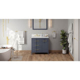 Jeffrey Alexander - 36'' Blue Steel Katara Vanity, Left Offset, White Quartz Vanity Top, Undermount Rectangle Bowl - Blue Steel