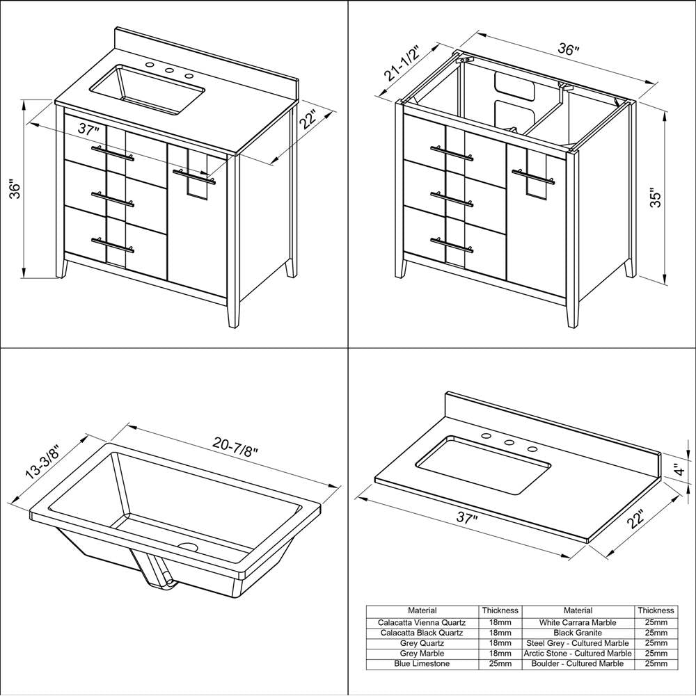 36'' Black Katara Vanity, Left Offset, White Quartz Vanity Top, Undermount Rectangle Bowl