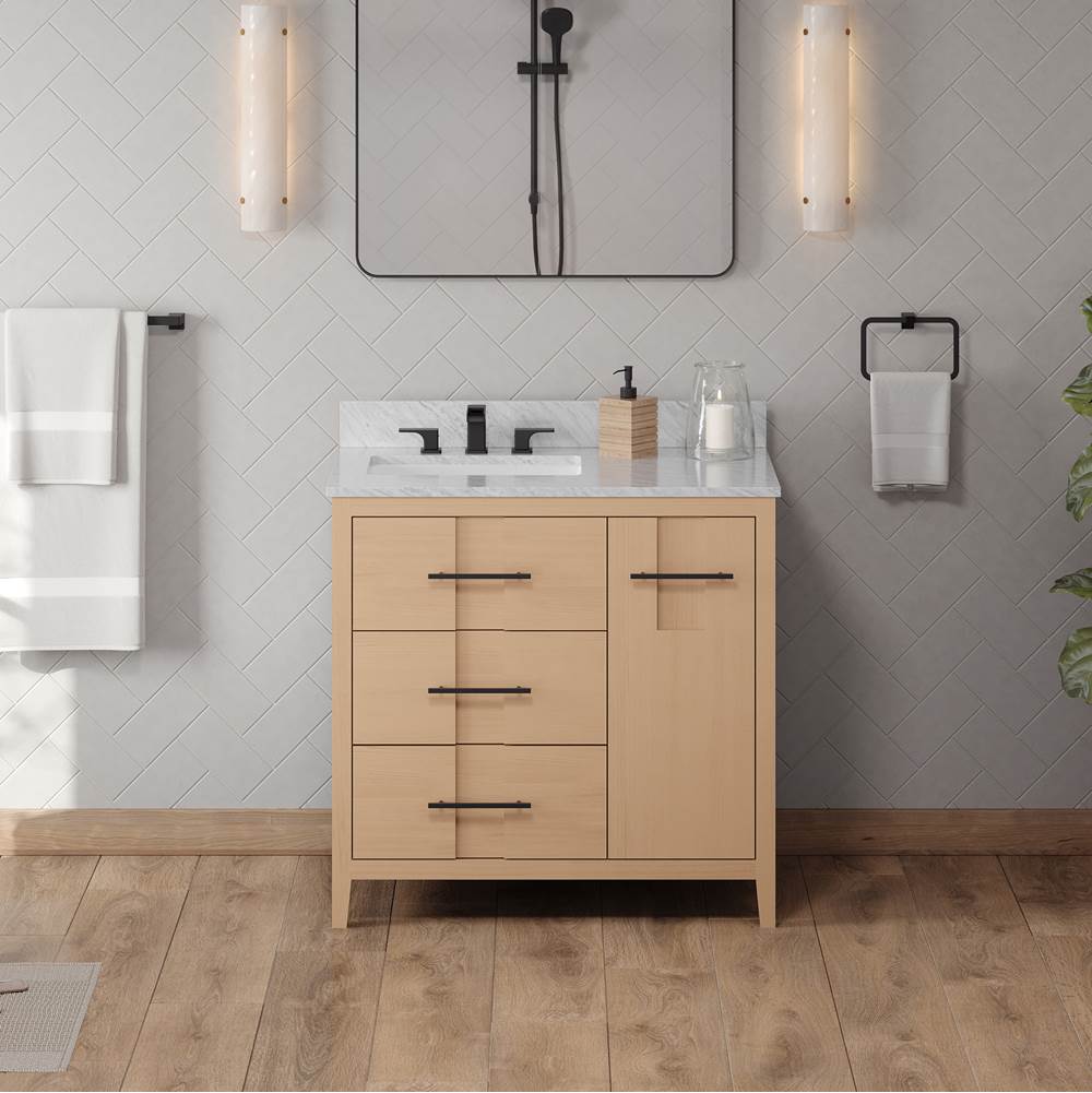 36'' Black Katara Vanity, Left Offset, White Carrara Marble Vanity Top, Undermount Rectangle Bowl