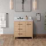 36'' Black Katara Vanity, Left Offset, White Carrara Marble Vanity Top, Undermount Rectangle Bowl