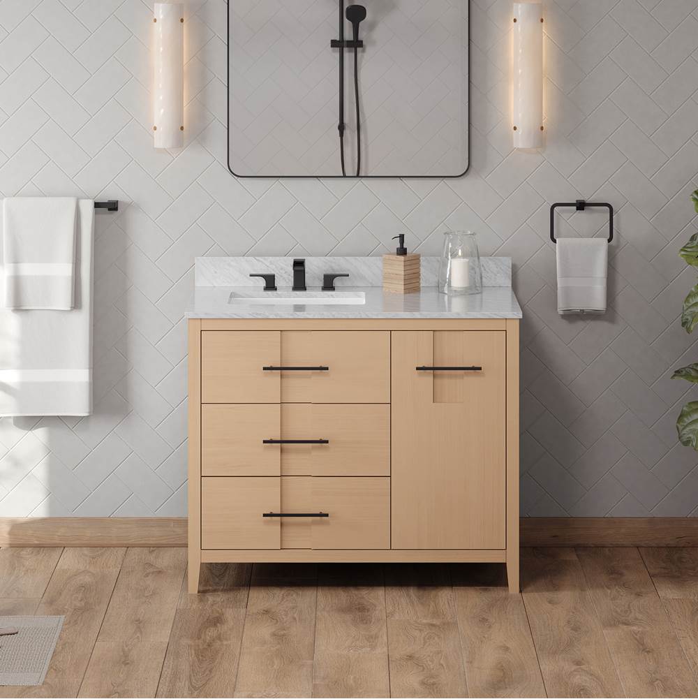 42'' Black Katara Vanity, Left Offset, White Carrara Marble Vanity Top, Undermount Rectangle Bowl