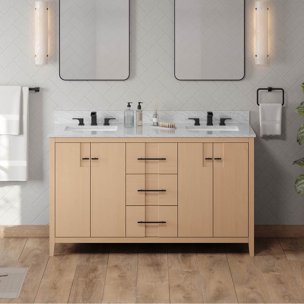 60'' Black Katara Vanity, Double Bowl, White Carrara Marble Vanity Top, Two Undermount Rectangle Bowls