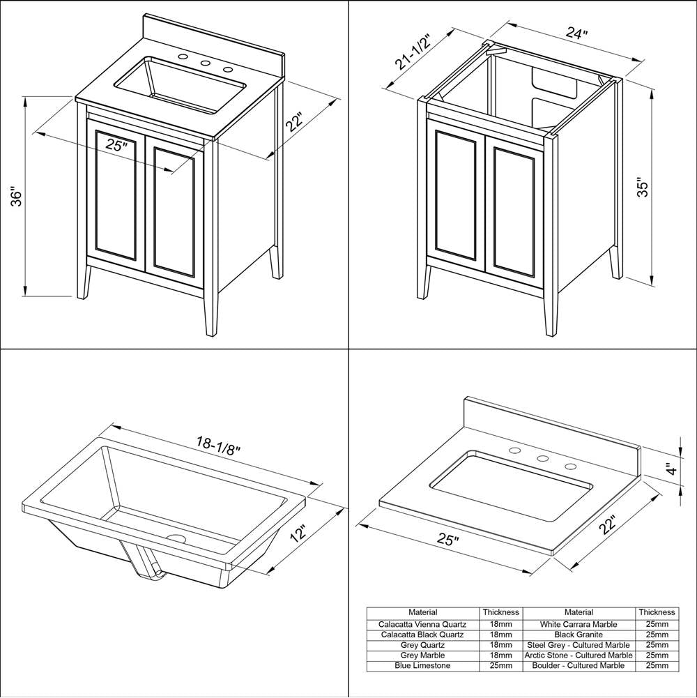 24'' Black Percival Vanity, White Quartz Vanity Top, Undermount Rectangle Bowl