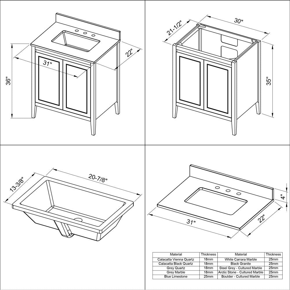 30'' Black Percival Vanity, White Quartz Vanity Top, Undermount Rectangle Bowl