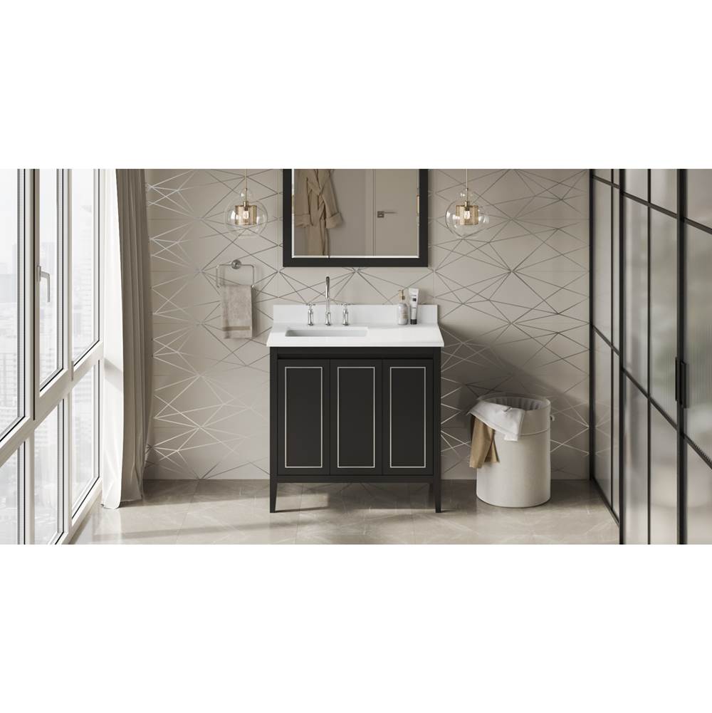 Jeffrey Alexander - 36'' Black Percival Vanity, Left Offset, White Quartz Vanity Top, Undermount Rectangle Bowl - Black