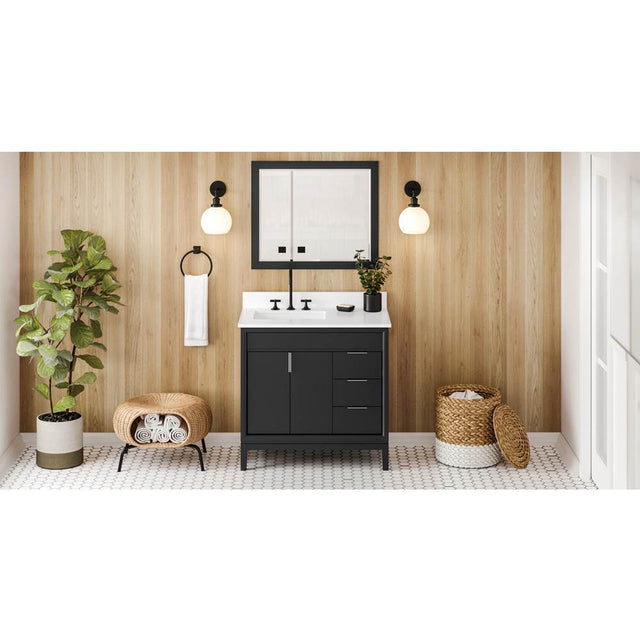 Jeffrey Alexander - 36'' Black Theodora Vanity, Left Offset, White Quartz Vanity Top, Undermount Rectangle Bowl - Black