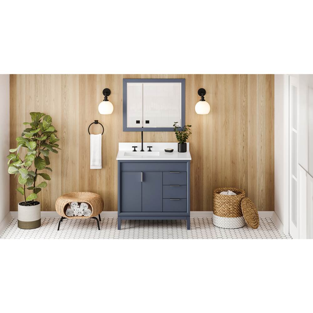 Jeffrey Alexander - 36'' Blue Steel Theodora Vanity, Left Offset, White Quartz Vanity Top, Undermount Rectangle Bowl - Blue Steel