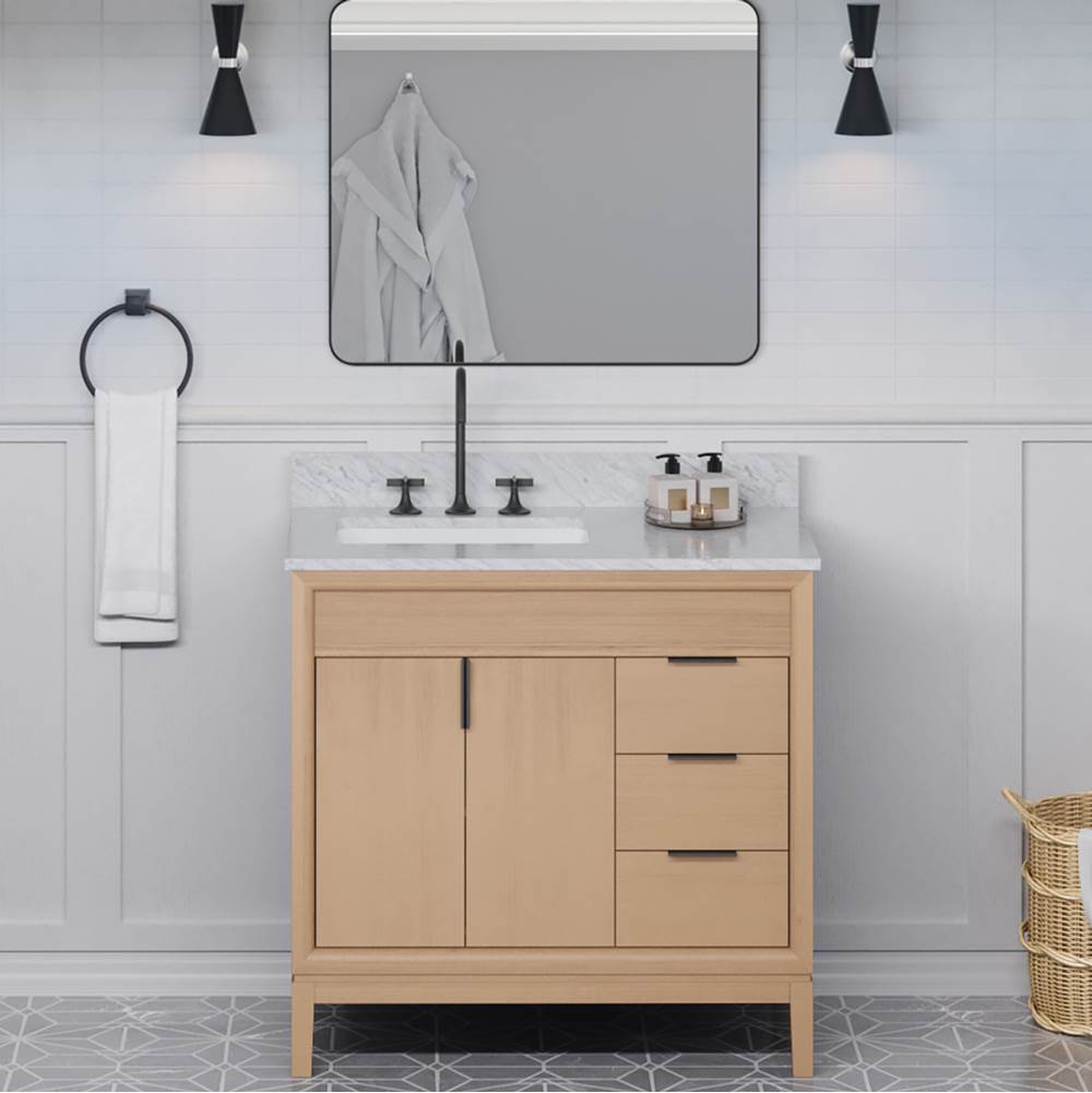 36'' Black Theodora Vanity, Left Offset, White Carrara Marble Vanity Top, Undermount Rectangle Bowl