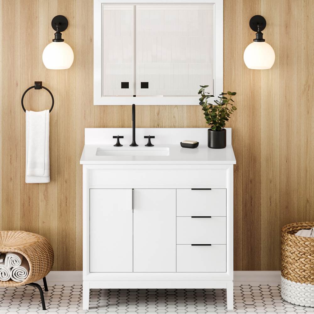 36'' Black Theodora Vanity, Left Offset, White Quartz Vanity Top, Undermount Rectangle Bowl