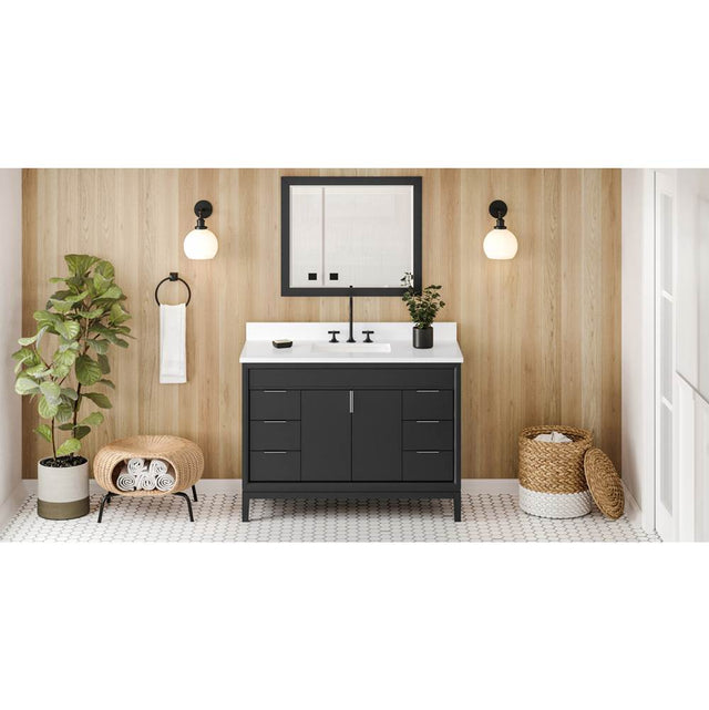Jeffrey Alexander - 48'' Black Theodora Vanity, White Quartz Vanity Top, Undermount Rectangle Bowl - Black