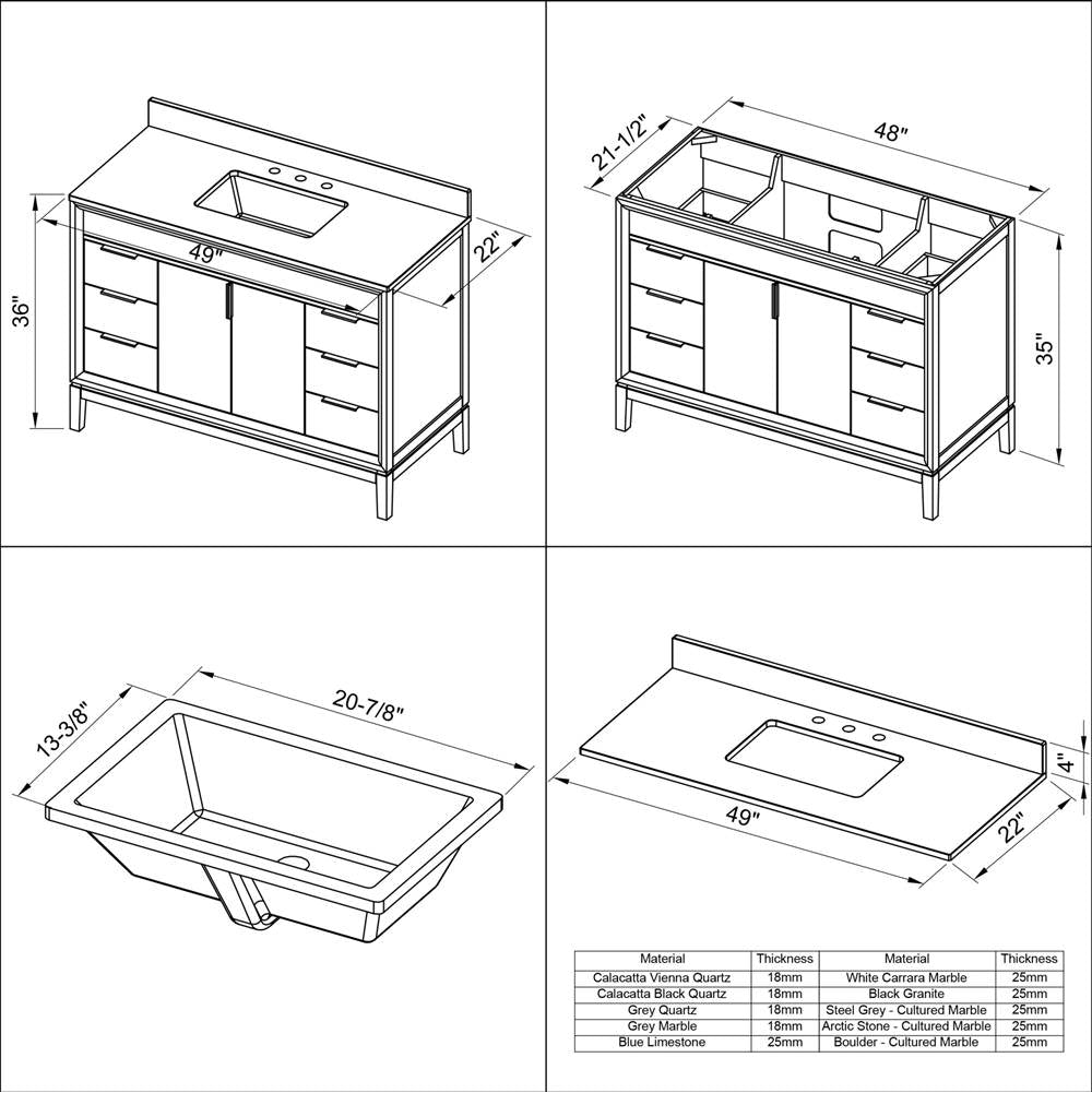 48'' Black Theodora Vanity, White Quartz Vanity Top, Undermount Rectangle Bowl
