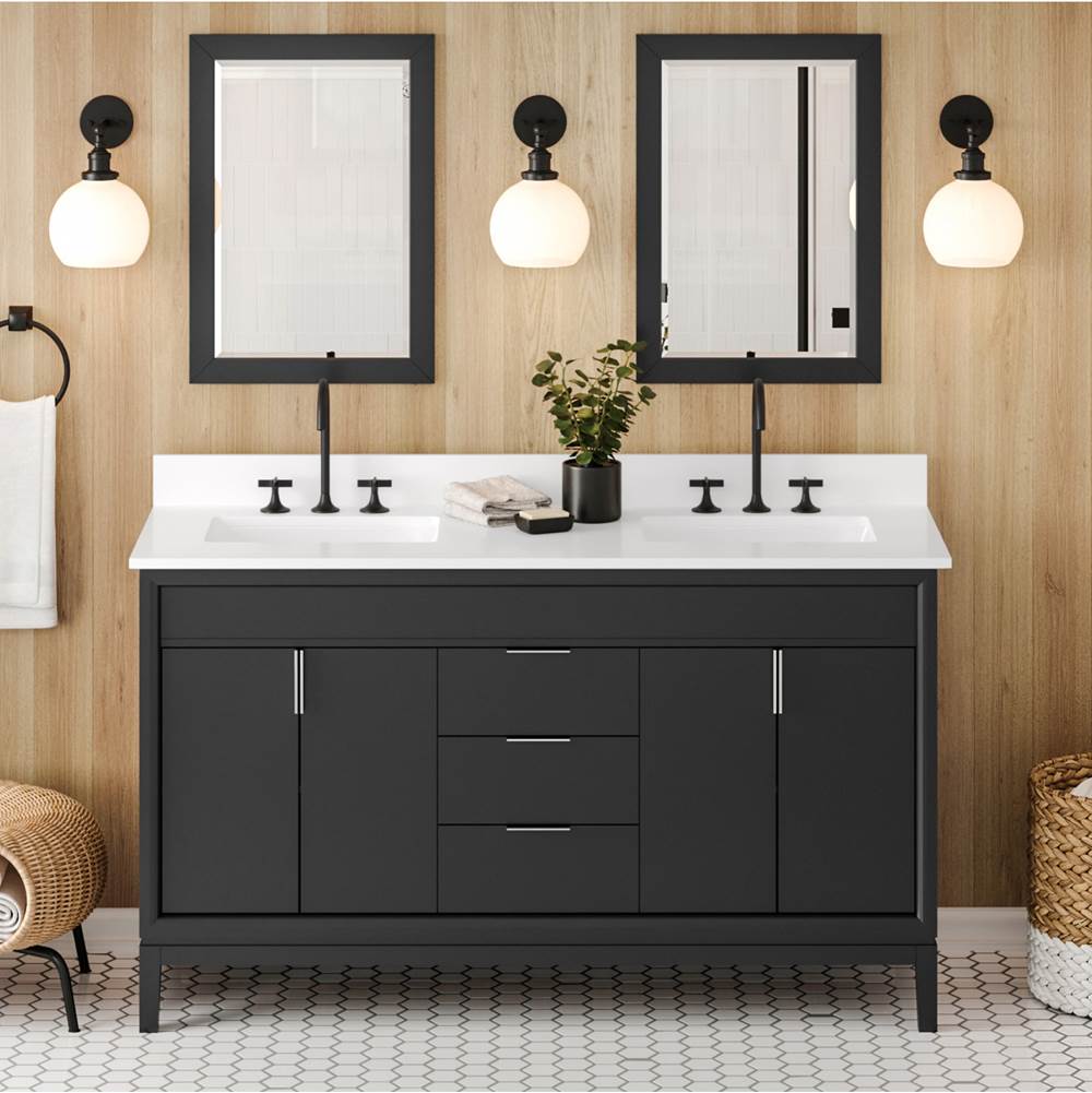 60'' Black Theodora Vanity, Double Bowl, White Quartz Vanity Top, Two Undermount Rectangle Bowls