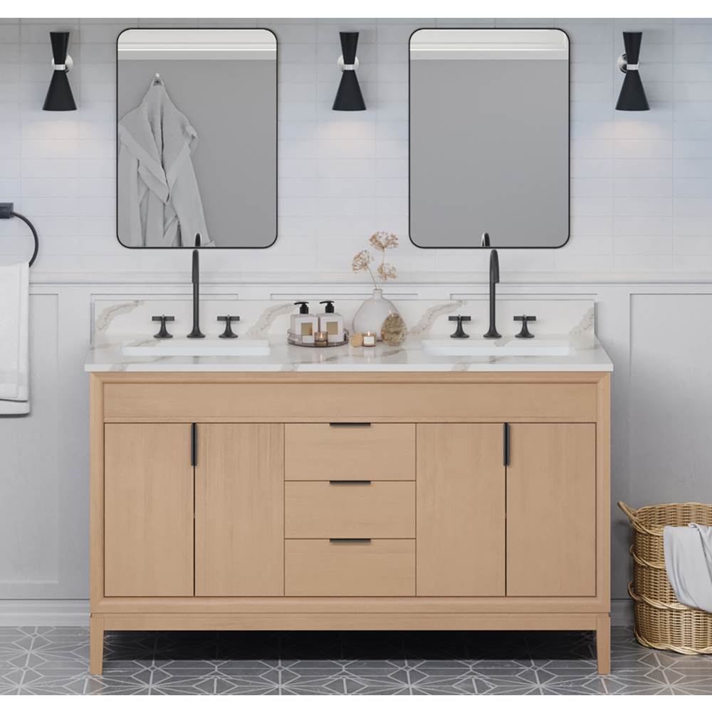 60'' Black Theodora Vanity, Double Bowl, Calacatta Vienna Quartz Vanity Top, Two Undermount Rectangle Bowls