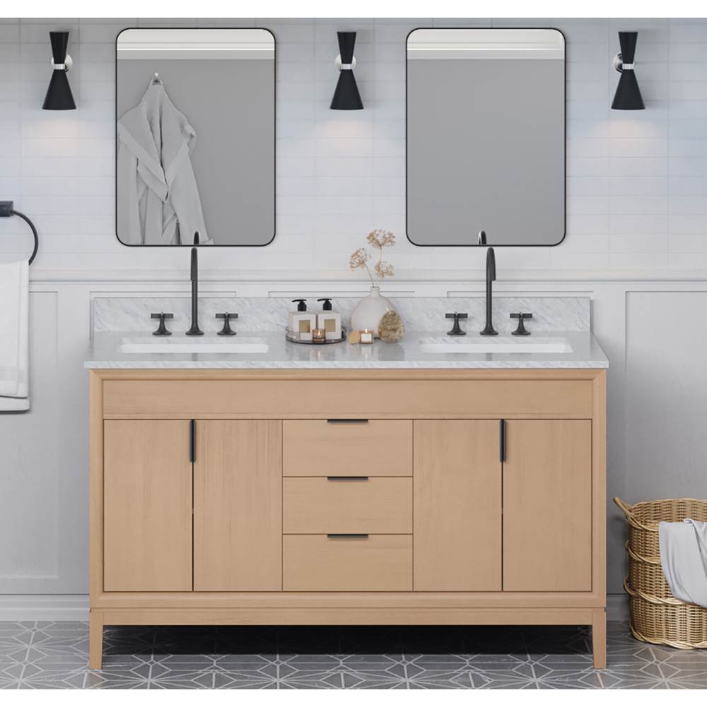 60'' Black Theodora Vanity, Double Bowl, White Carrara Marble Vanity Top, Two Undermount Rectangle Bowls