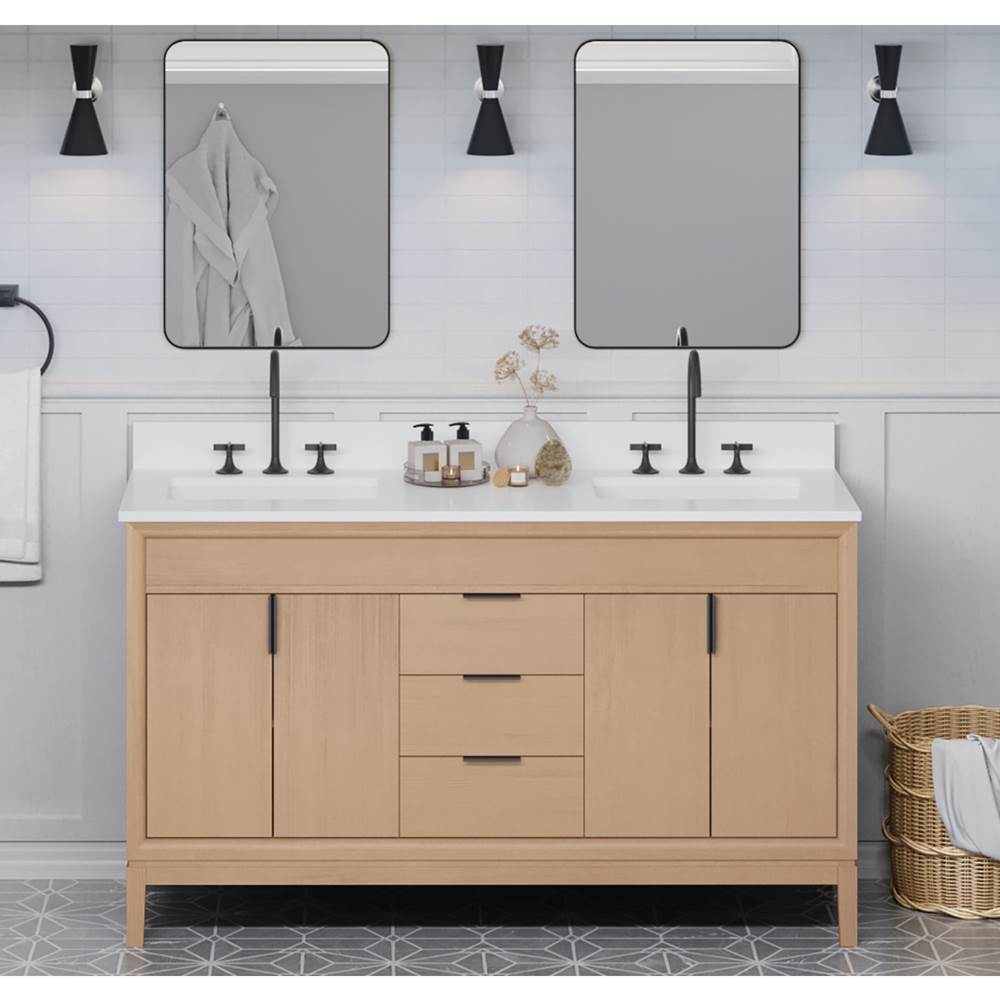 60'' Black Theodora Vanity, Double Bowl, White Quartz Vanity Top, Two Undermount Rectangle Bowls