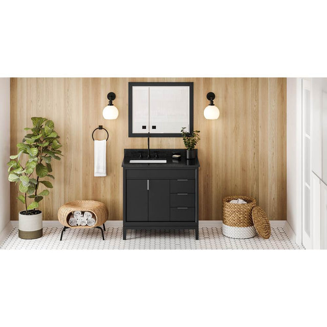 Jeffrey Alexander - 36'' Black Theodora Vanity, Left Offset, Black Granite Vanity Top, Undermount Rectangle Bowl - Black