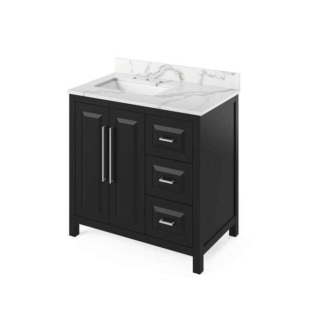 Jeffrey Alexander - 36'' Black Cade Vanity, left offset, Calacatta Vienna Quartz Vanity Top, undermount rectangle bowl - Black
