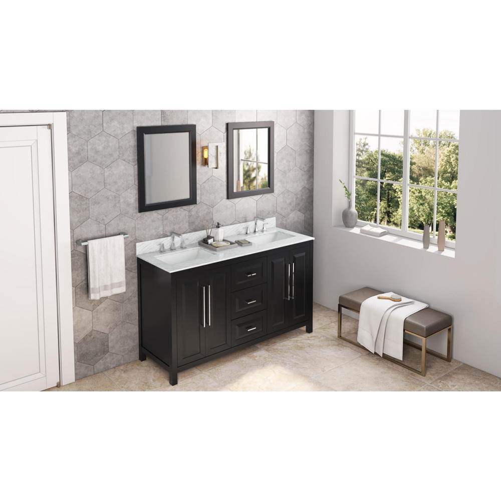 60'' Black Cade Vanity, double bowl, White Carrara Marble Vanity Top, two undermount rectangle bowls