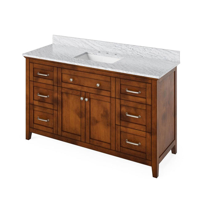 Jeffrey Alexander - 60'' Chocolate Chatham Vanity, White Carrara Marble Vanity Top, undermount rectangle bowl - Chocolate