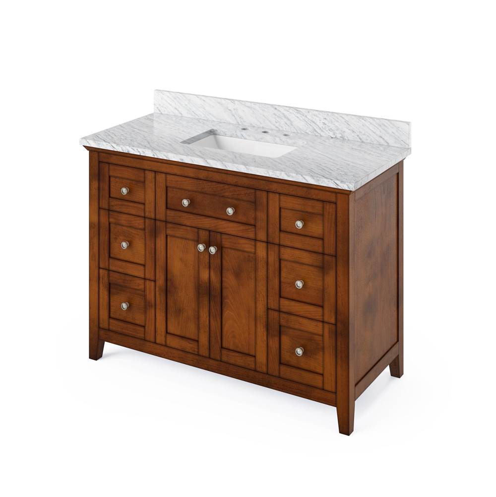 Jeffrey Alexander - 48'' Chocolate Chatham Vanity, White Carrara Marble Vanity Top, undermount rectangle bowl - Chocolate