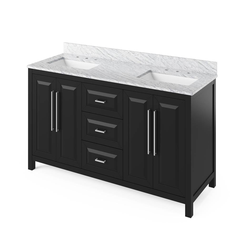 Jeffrey Alexander - 60'' Black Cade Vanity, double bowl, White Carrara Marble Vanity Top, two undermount rectangle bowls - Black